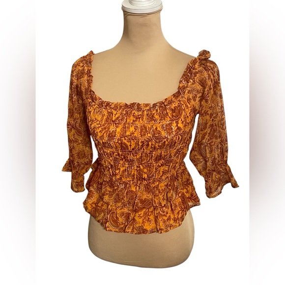 Patrons of Peace Boho Floral Smocked Ruffle Top Marigold Size Small S NEW - Picture 1 of 5